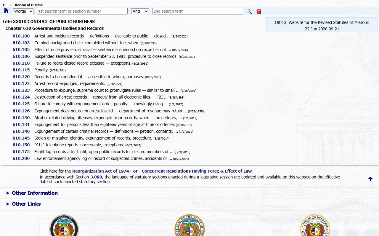 Missouri arrest-record and expungement statute range