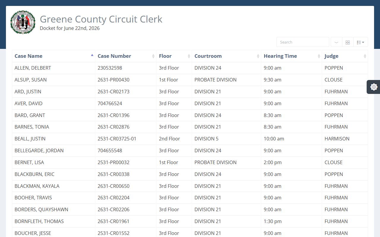 Greene County court dockets official Infax daily docket