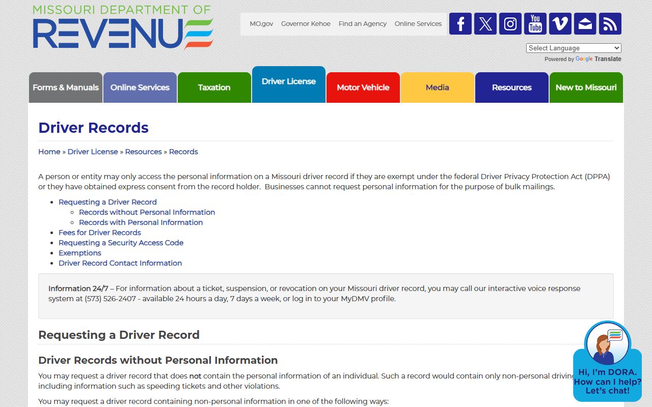 Greene County traffic court records Missouri DOR driver record access