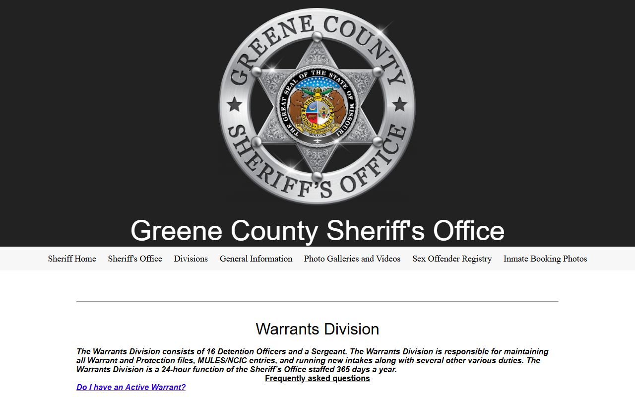 Greene County Sheriff's Warrants Division page